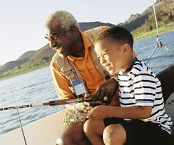 A grandfather and his grandfather enjoy some fishing from their boat